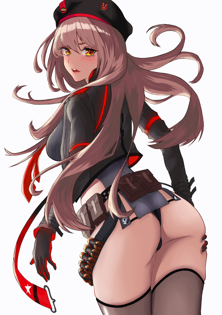 1girl, absurdres, ass, beret, black_gloves, black_headwear, black_jacket, black_leotard, black_thighhighs, blush, breasts, brown_hair, cowboy_shot, cropped_jacket, deep_skin, from_behind, gloves, goddess_of_victory:_nikke, hat, highres, jacket, leotard, long_hair, looking_at_viewer, looking_back, medium_breasts, multicolored_jacket, open_mouth, orange_eyes, ramuneogura, rapi_(nikke), red_gloves, red_jacket, simple_background, skindentation, solo, thighhighs, two-tone_gloves, two-tone_jacket, white_background