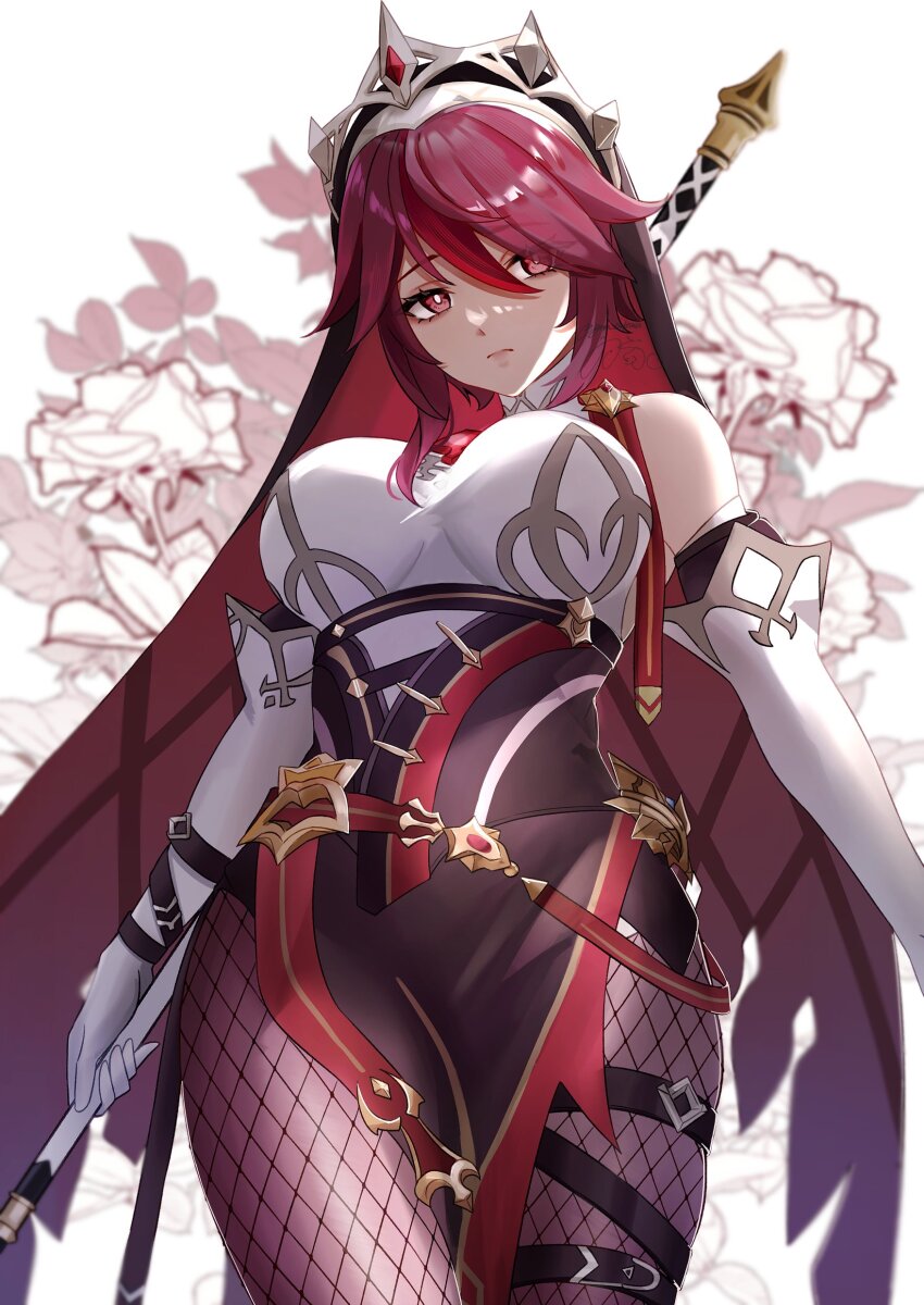 1girl, absurdres, black_dress, breasts, bright_pupils, closed_mouth, commentary_request, curvy, dress, elbow_gloves, expressionless, fishnet_pantyhose, fishnets, floral_background, genshin_impact, gloves, gnsn_tukituki, habit, hair_between_eyes, hair_over_one_eye, highres, holding, holding_polearm, holding_weapon, large_breasts, looking_at_viewer, multicolored_hair, nun, nun_headdress, pantyhose, polearm, purple_hair, red_eyes, red_hair, rosaria_(genshin_impact), short_hair, sidelocks, solo, streaked_hair, thigh_strap, tiara, two-tone_dress, weapon, white_dress, white_gloves, white_pupils