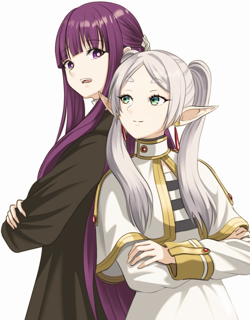 2girls, absurdres, back-to-back, black_coat, black_shirt, blunt_bangs, butterfly_hair_ornament, capelet