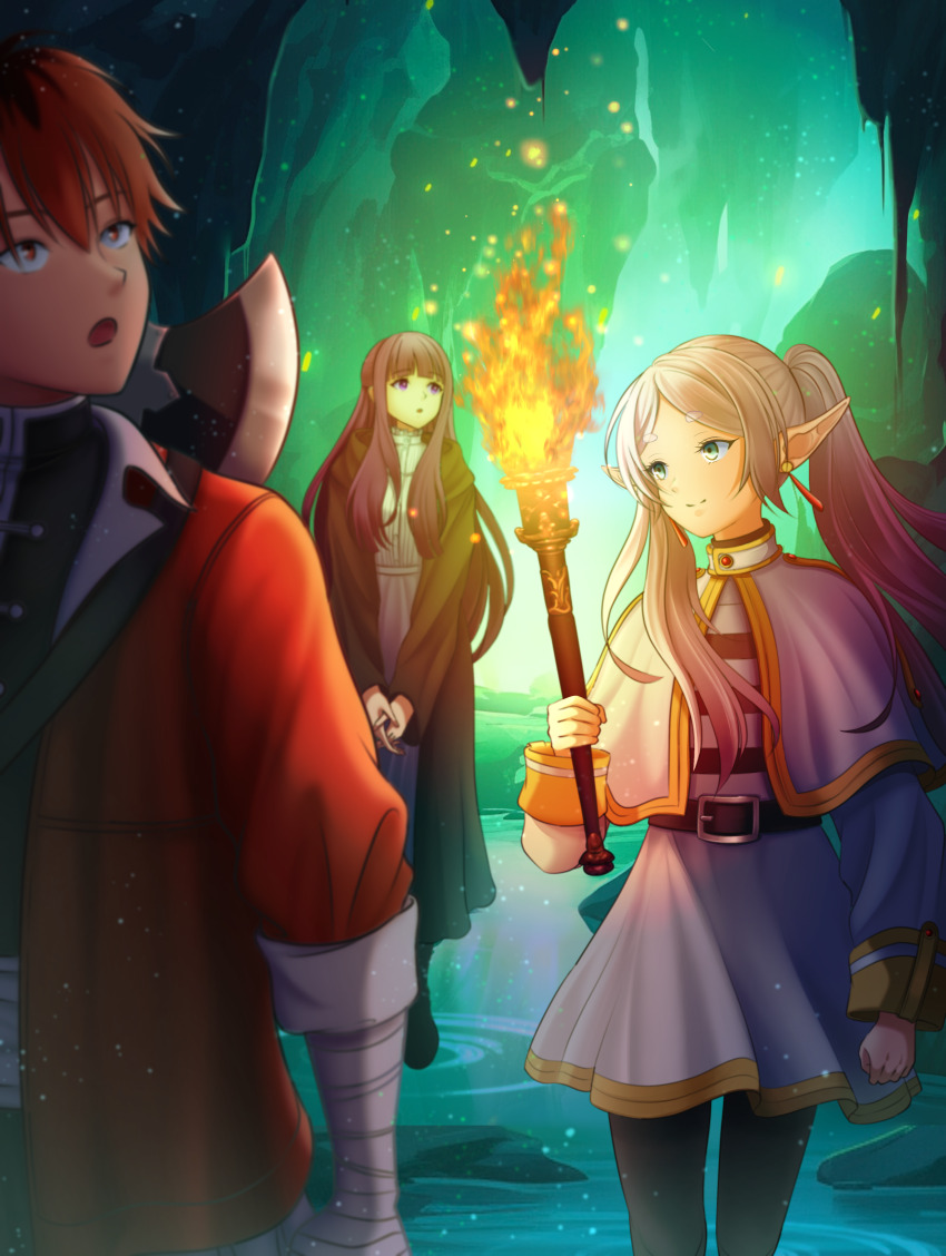 1boy, 2girls, absurdres, awestruck, axe, bandaged_arm, bandages, battle_axe