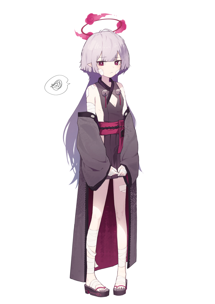 1girl, absurdres, bandaged_leg, bandages, bare_shoulders, bell, black_nails, blue_archive