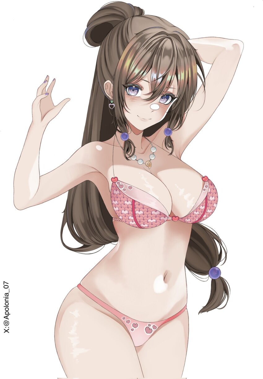1girl, ace_attorney, apolonia_07, breasts, brown_hair, cleavage, commentary, hair_ornament, highres, jewelry, large_breasts, lingerie, long_hair, magatama, magatama_necklace, maya_fey, necklace, solo, sphere_hair_ornament, untranslatable_commentary, underwear