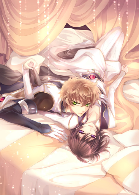 alternate_costume, blanket, brown_hair, code_geass, fylus, green_eyes, kururugi_suzaku, lelouch_vi_britannia