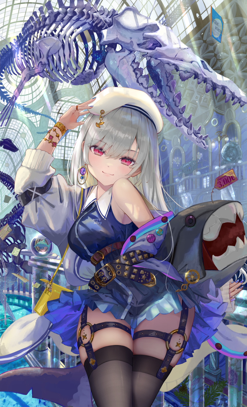 1girl, :3, absurdres, animal_skeleton, badge, basilosaurus, belt, beret