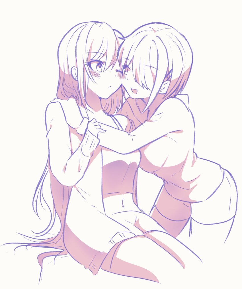 2girls, :d, blush, breasts, cheek_press, commentary_request, cropped_legs, hair_over_one_eye