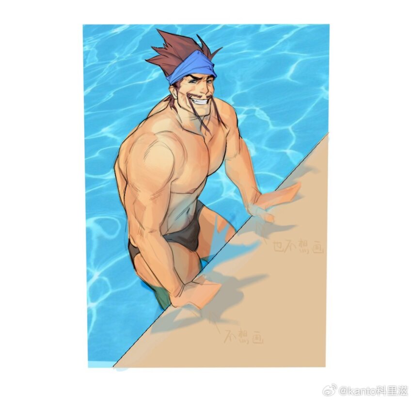 1boy, abs, bara, bulge, draven, headband, kantocryz, large_pectorals