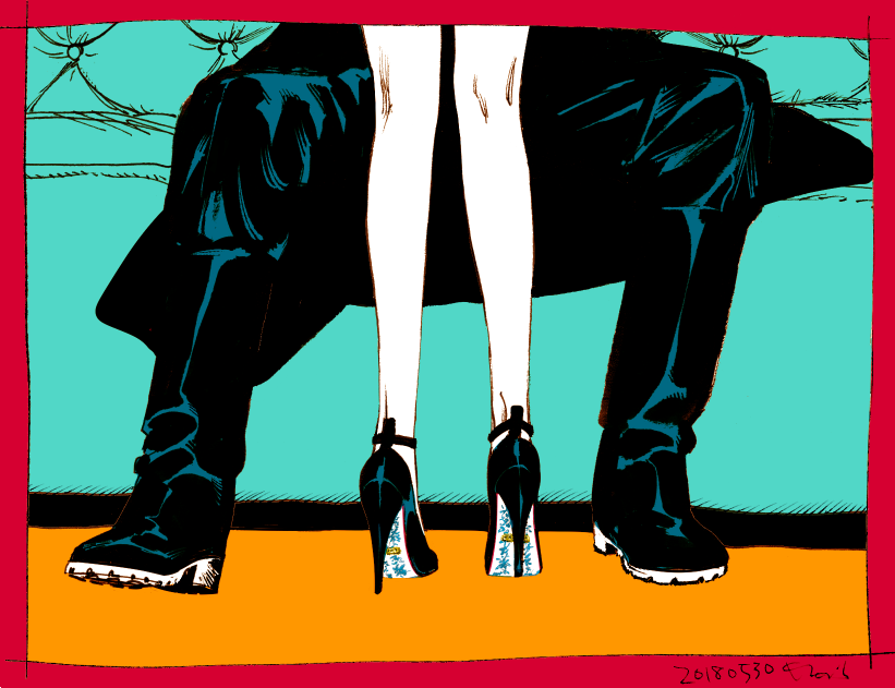 1boy, 1girl, alexander_(veil), black_coat, black_footwear, black_pants, boots, coat, commentary, couch, dated, emma_(veil), high_heels, kotteri, legs, on_couch, pants, patent_heels, pumps, shoes, standing, stiletto_heels, veil_(manga)