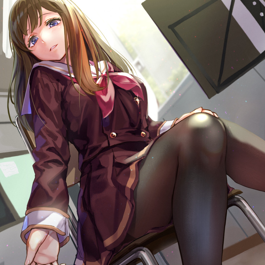 1girl, black_pantyhose, blue_eyes, brown_hair, brown_serafuku, brown_shirt, brown_skirt, from_below