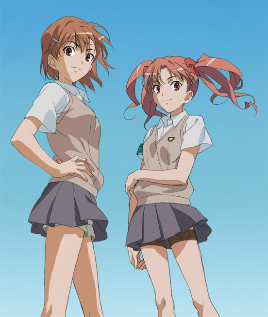 2girls, bad_id, bad_pixiv_id, brown_eyes, brown_hair, female_focus, from_below, gradient_background