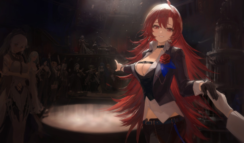 6+girls, absurdres, ark_royal_(azur_lane), ark_royal_(cafe_lookout)_(azur_lane), arm_up, azur_lane, bare_shoulders, black_choker, black_gloves, black_pants, blonde_hair, blue_hair, breasts, champagne_(adulation_eternal)_(azur_lane), champagne_(azur_lane), choker, cleavage, cleveland_(azur_lane), cleveland_(golden_conductor)_(azur_lane), commentary, commission, cross, cross_earrings, dress, earrings, english_commentary, flower, formidable_(azur_lane), formidable_(timeless_classics)_(azur_lane), gloves, grand_piano, green_hair, hair_between_eyes, highres, indoors, instrument, interlocked_fingers, jewelry, large_breasts, long_hair, long_sleeves, looking_at_viewer, multiple_girls, official_alternate_costume, pants, piano, pixiv_commission, pov, red_eyes, red_flower, red_hair, red_rose, rose, shirt, smile, very_long_hair, white_dress, white_gloves, white_hair, white_shirt, wichita_(azur_lane), wichita_(the_general's_banquet)_(azur_lane), yue_zheng_zhi_yu