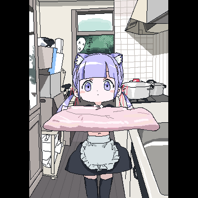 1boy, 1girl, ^_^, animal_ear_hairband, animal_ears, apron, black_skirt, black_thighhighs, blunt_bangs, blush_stickers, box, cardboard_box, cat_ear_hairband, cat_ears, closed_eyes, closed_mouth, commentary_request, cooking_pot, cowboy_shot, dot_mouth, expressionless, fake_animal_ears, food, hair_ribbon, hairband, holding, holding_food, indoors, kitchen, lokulo-chan_(lokulo_no_mawashimono), lokulo_no_mawashimono, long_hair, looking_at_viewer, looking_inside, low_twintails, lowres, meat, navel, open_window, original, parody, photo-referenced, pillarboxed, pork_belly, purple_eyes, purple_hair, red_ribbon, ribbon, skirt, standing, thighhighs, twintails, waist_apron, window, wooden_floor