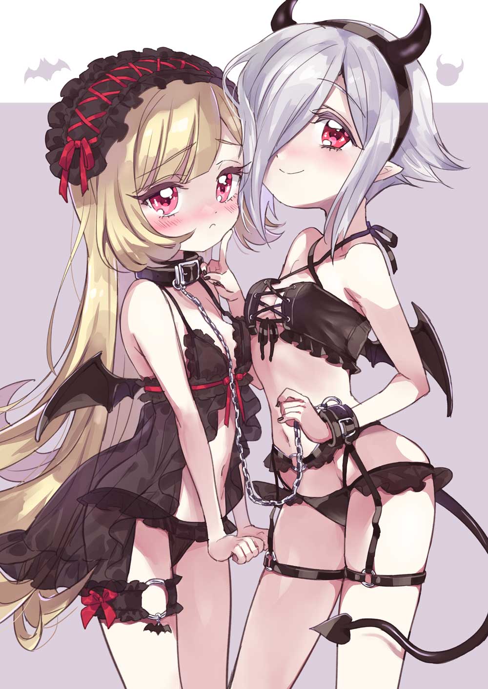 2girls, blonde_hair, blush, breasts, closed_mouth, collar, demon_horns, demon_tail, demon_wings, ecute, fake_horns, fake_tail, fake_wings, gothic_lolita, highres, horns, jashin-chan_dropkick, leash, loli, lolita_fashion, long_hair, multiple_girls, navel, official_art, persephone_ii, red_eyes, short_hair, small_breasts, smile, tail, white_hair, wings, yukiwo, yuri