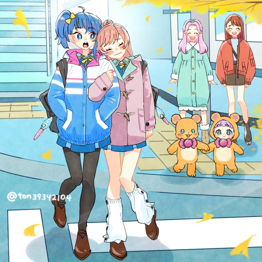 6+girls, ahoge, artist_name, autumn_leaves, blue_eyes, blue_hair, blush, bow