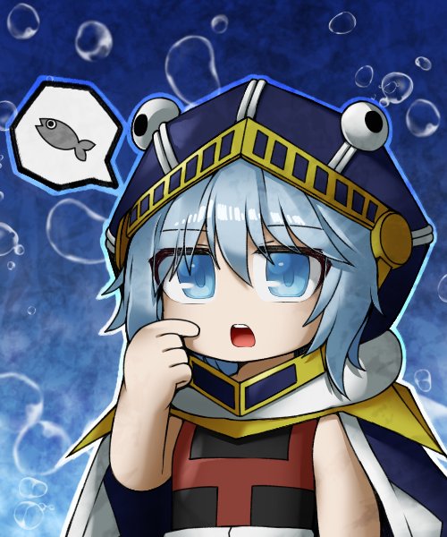 1other, androgynous, black_shirt, blue_background, blue_cape, blue_eyes, blue_hair, blue_headwear