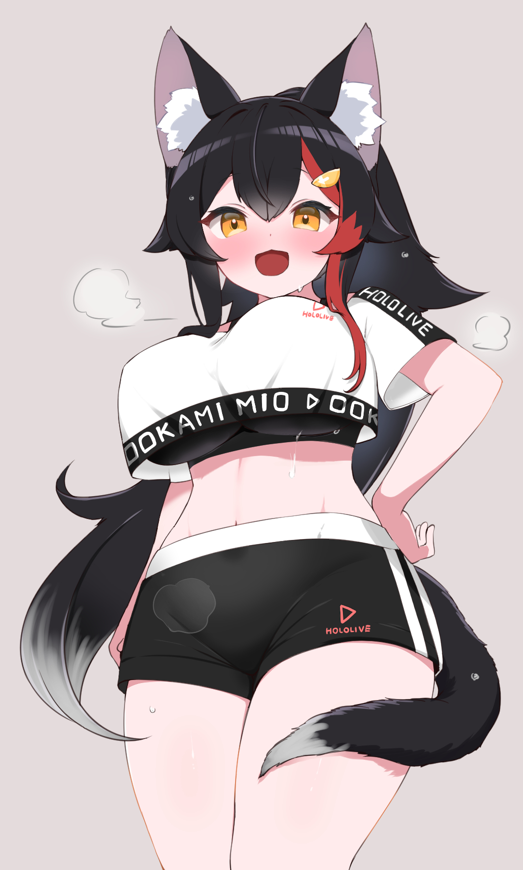1girl, :d, animal_ear_fluff, animal_ears, arm_at_side, black_hair, black_shorts, black_sports_bra