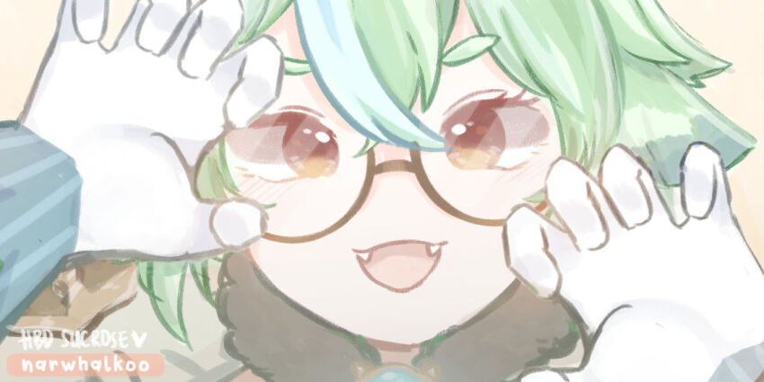 1girl, aqua_hair, artist_name, brown-framed_eyewear, claws, close-up, fangs, genshin_impact, glasses, gloves, green_hair, hair_between_eyes, hair_flaps, hands_up, happy_birthday, looking_at_viewer, multicolored_hair, nako_(narwhalkoo), open_mouth, orange_eyes, pale_background, semi-rimless_eyewear, short_hair, smile, solo, streaked_hair, sucrose_(genshin_impact), under-rim_eyewear, white_gloves