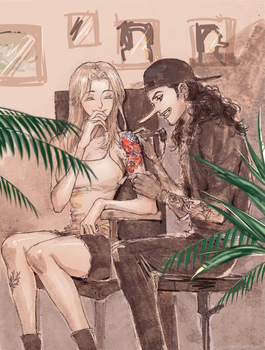 1boy, 1girl, alternate_costume, arm_tattoo, bare_shoulders, baseball_cap, black_hair, black_headwear