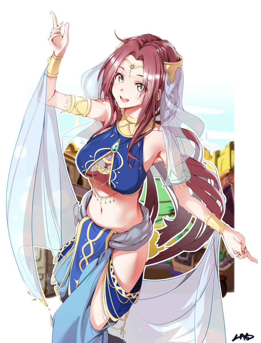 1girl, :d, absurdres, armlet, breasts, brown_hair, circlet, cleavage