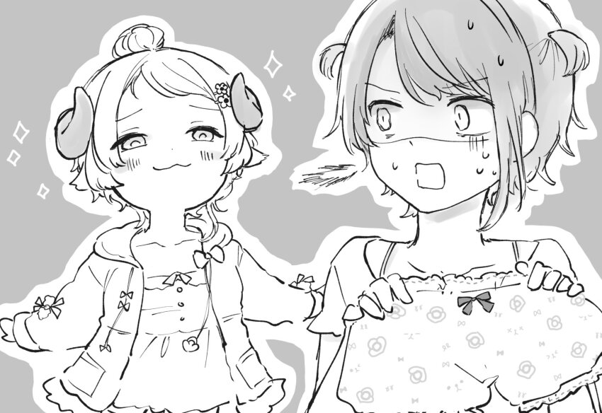 2girls, :3, bangs_pinned_back, bloomers, blush_stickers, camisole, check_commentary, commentary_request