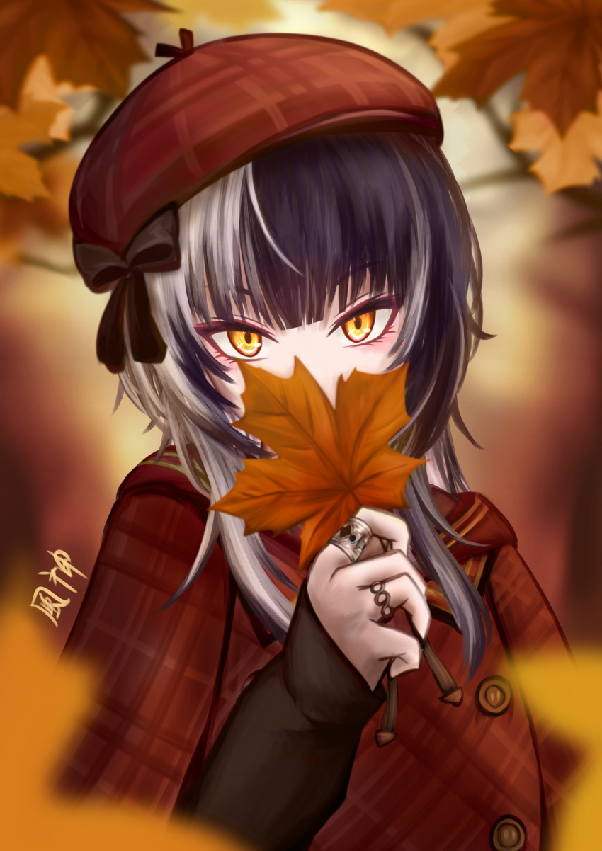 1girl, autumn, autumn_leaves, beret, black_hair, brown_coat, brown_hat, coat