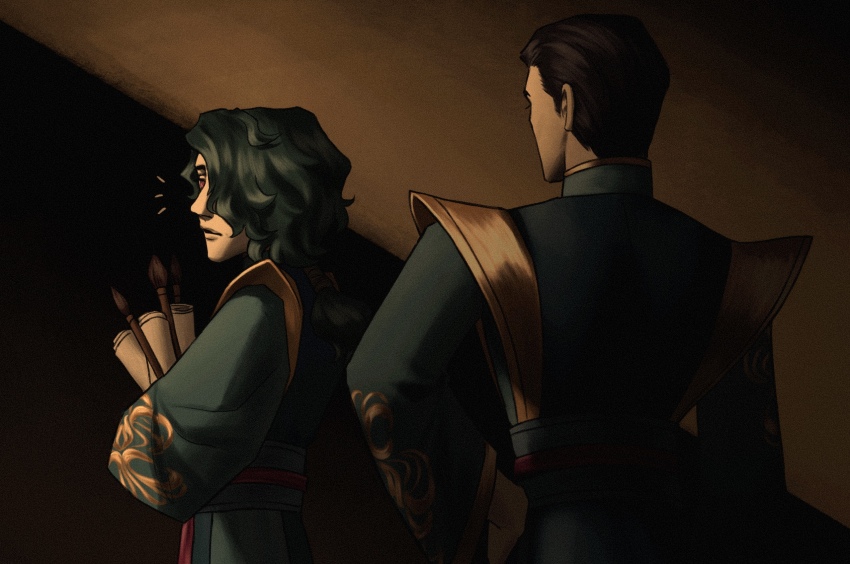 2boys, black_hair, closed_mouth, hand_on_own_hip, highres, holding, holding_brush, holding_scroll