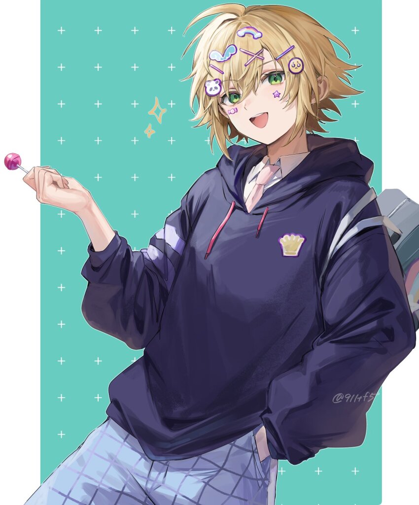 1boy, black_hoodie, blonde_hair, candy, collared_shirt, emoji, emoji_hair_ornament, food