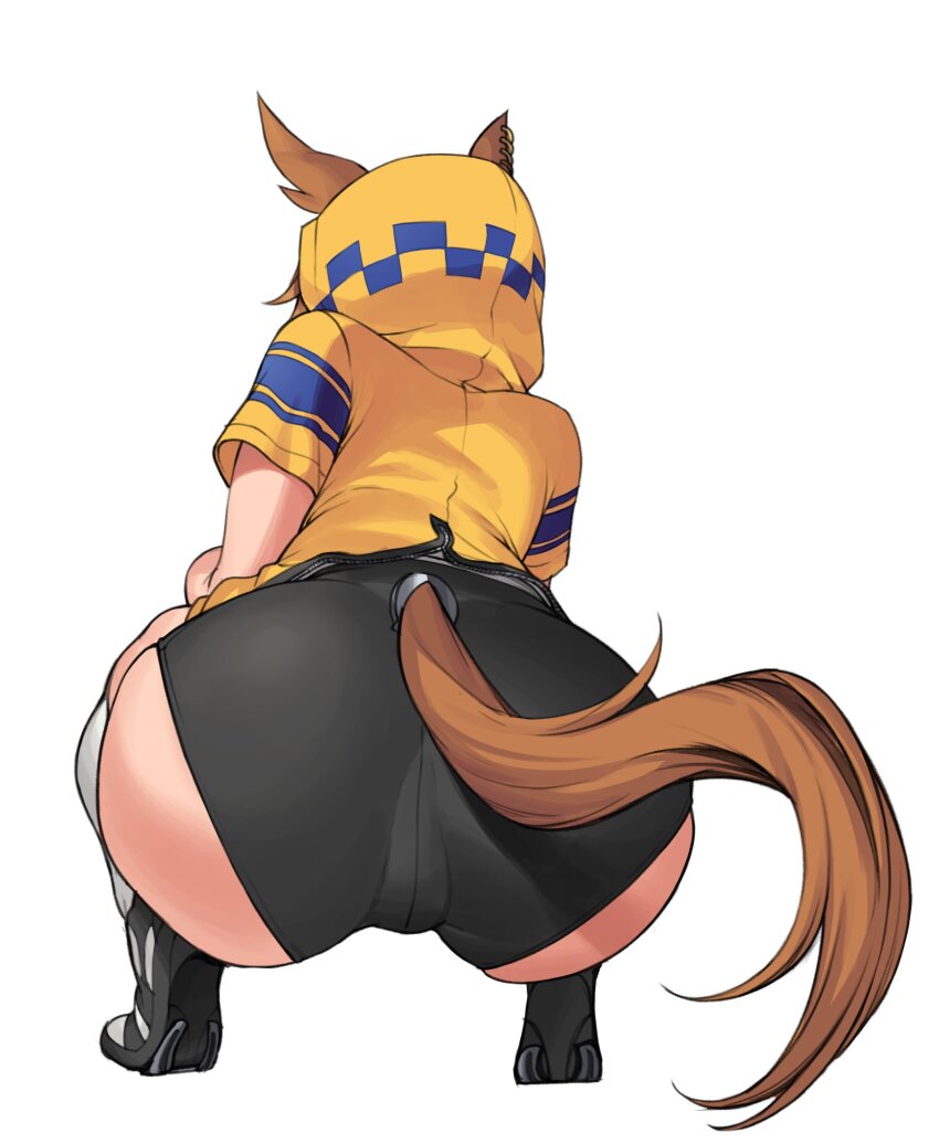 1girl, animal_ears, ass, black_shoes, black_shorts, brown_hair, dicta_striker_(umamusume), from_behind, fukuro_(maruaru00), highres, hood, hood_up, hoodie, huge_ass, shoes, short_shorts, short_sleeves, shorts, simple_background, solo, squatting, tail, umamusume, white_background, yellow_hoodie