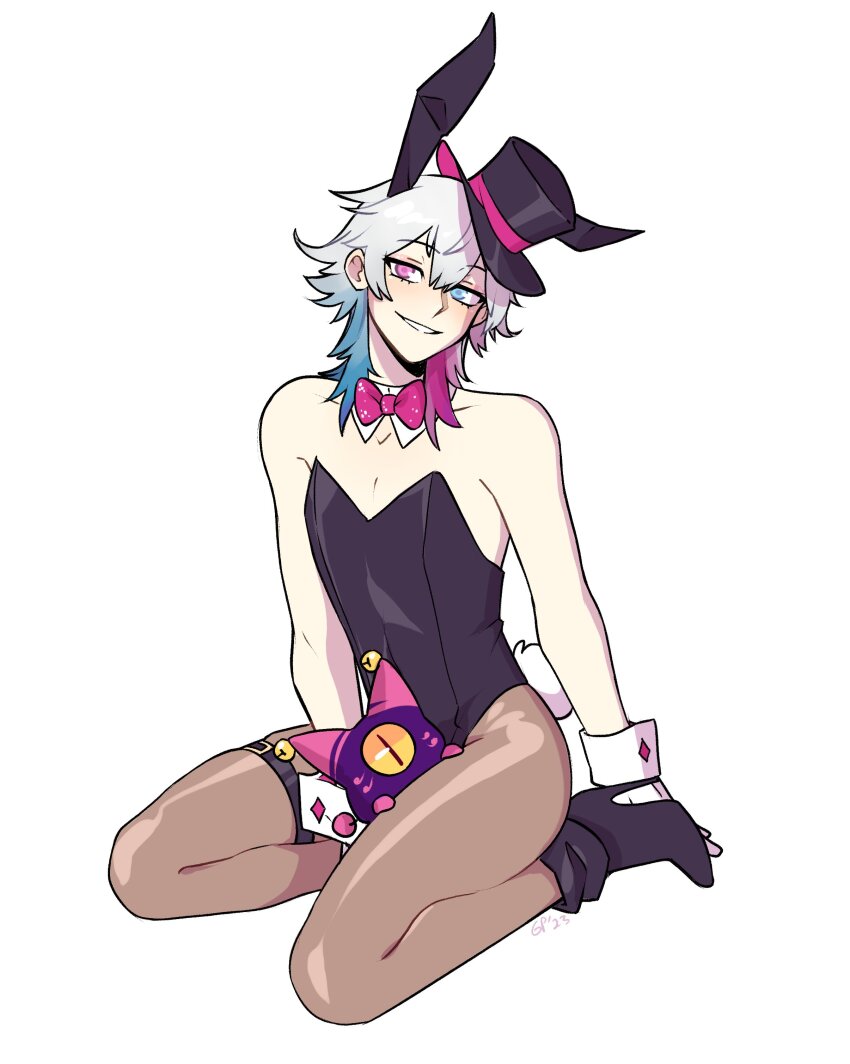 1boy, absurdres, animal_ears, ankle_boots, bare_shoulders, between_thighs, blue_eyes, blue_hair