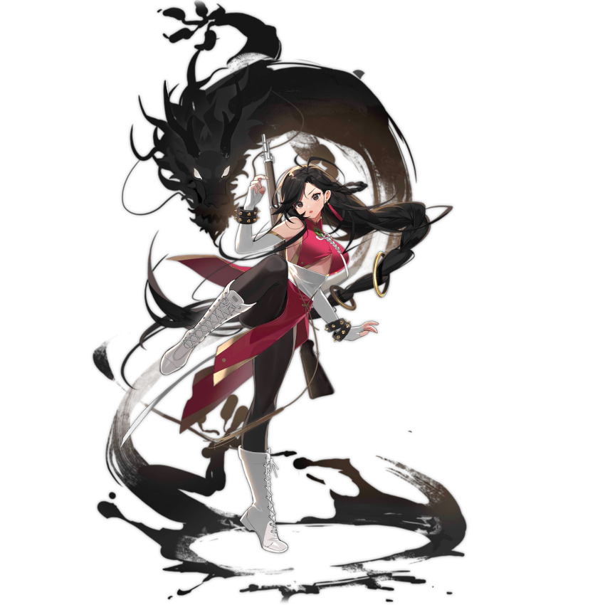 1girl, :o, bahao_diqiu, black_eyes, black_hair, black_pantyhose, boots, bracelet