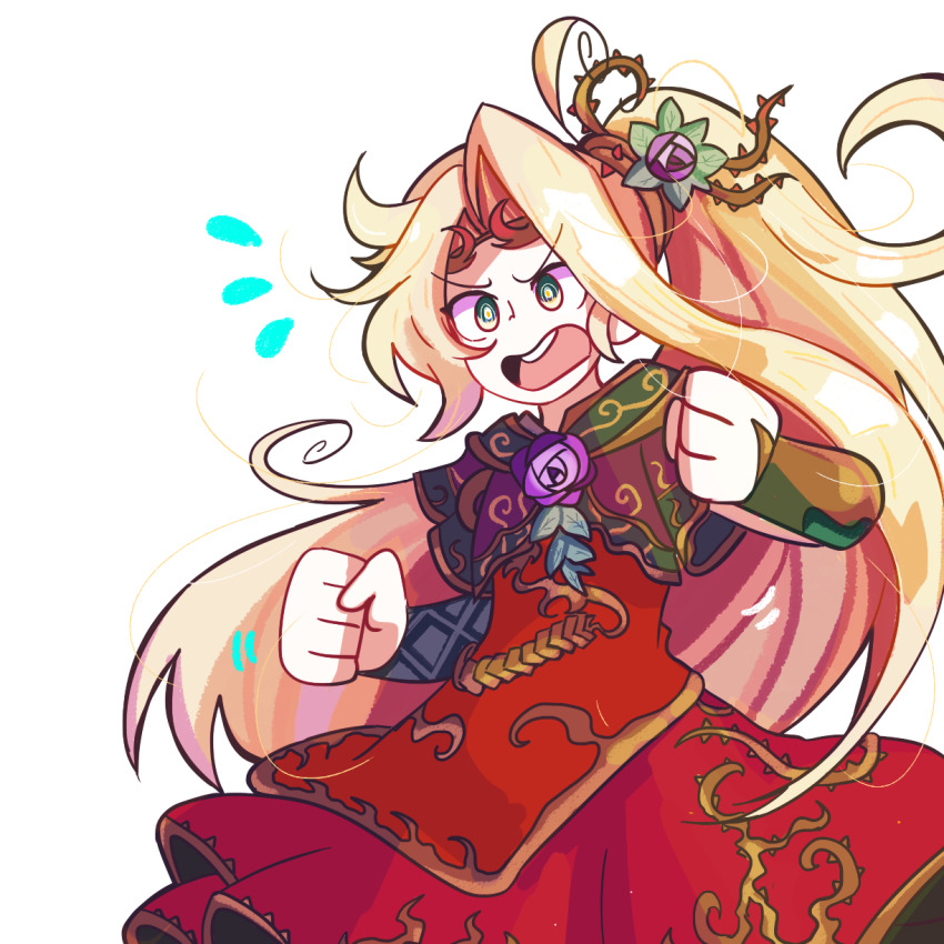 1girl, blonde_hair, clenched_hands, dress, flower, flying_sweatdrops, green_eyes, hair_flower, hair_ornament, highres, homriette, kid_icarus, kid_icarus_uprising, long_hair, nintendo, open_mouth, purple_flower, red_dress, solo, v-shaped_eyebrows, very_long_hair, viridi