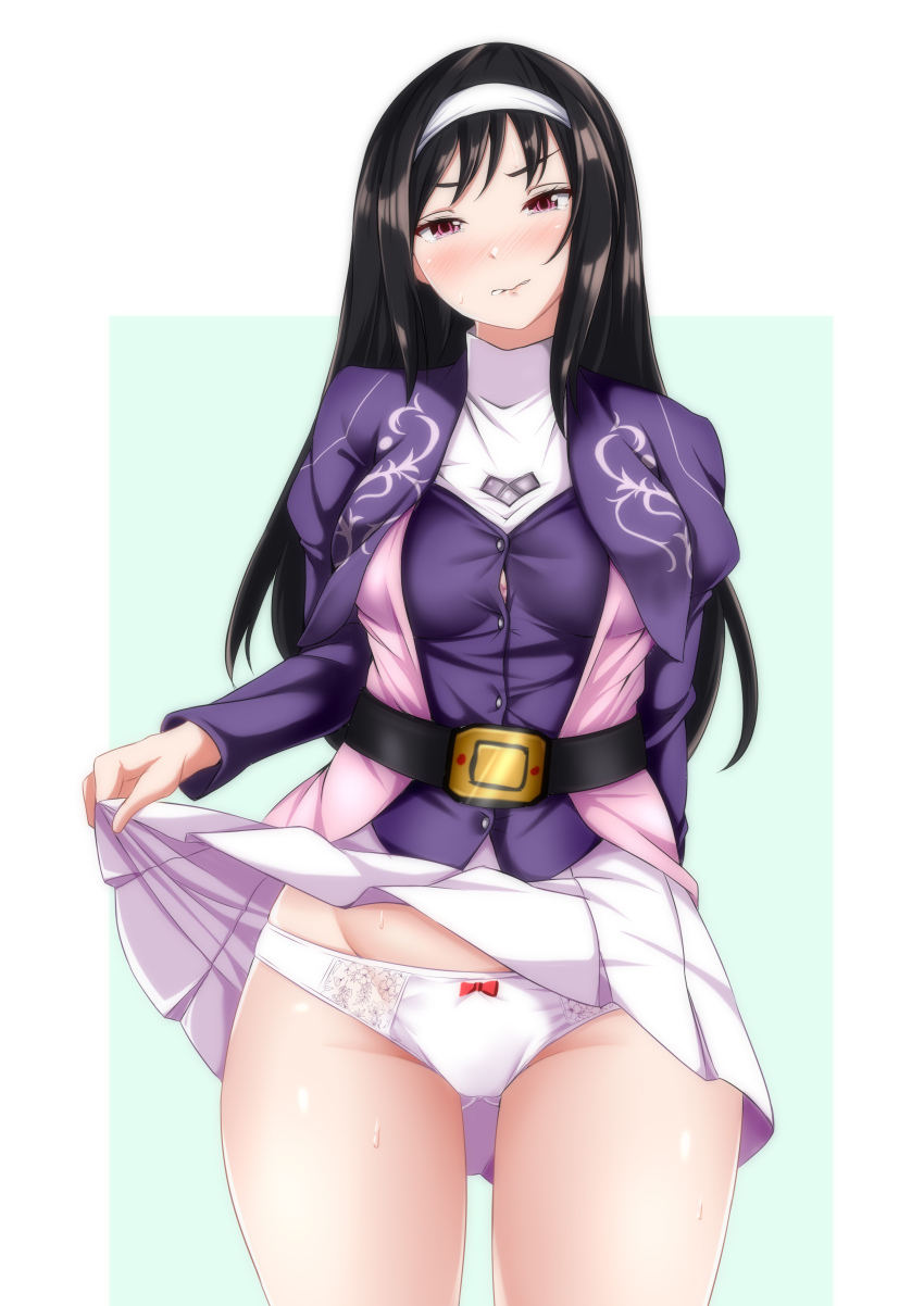 1girl, absurdres, belt, black_belt, black_eyes, black_hair, blush, bow, bow_panties, closed_mouth, clothes_lift, commentary_request, commission, cowboy_shot, frown, gluteal_fold, groin, hairband, half-closed_eyes, high_collar, highres, jacket, juliet_sleeves, kyouryuu_sentai_zyuranger, lifting_own_clothes, long_hair, long_sleeves, looking_at_viewer, miniskirt, pandacross, panties, partial_commentary, pixiv_commission, pleated_skirt, ptera_ranger, puffy_sleeves, purple_jacket, purple_vest, shirt, skirt, skirt_lift, solo, standing, super_sentai, sweat, sweatdrop, underwear, vest, white_hairband, white_panties, white_shirt, white_skirt