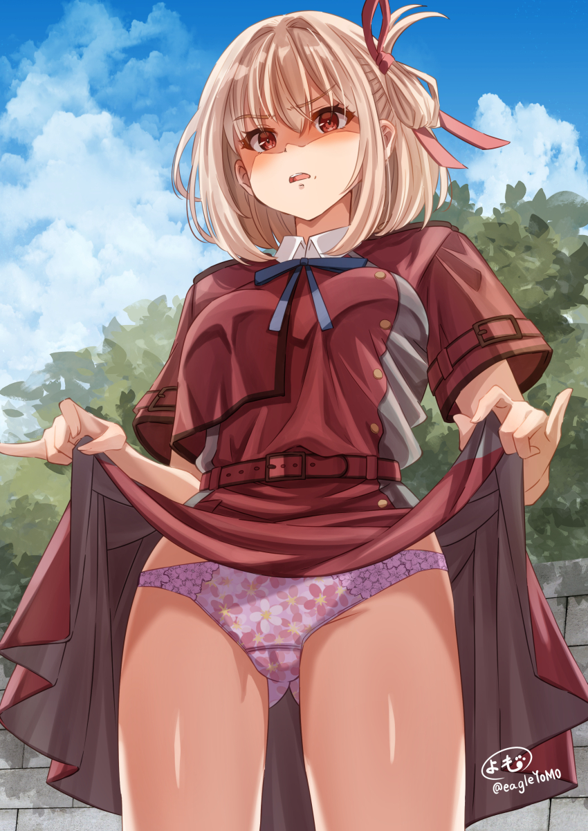 1girl, absurdres, artist_name, blonde_hair, blue_ribbon, blue_sky, bob_cut, cloud, cloudy_sky, collared_shirt, commentary, cowboy_shot, crotch_seam, day, dress, floral_print, frown, glaring, gluteal_fold, grey_dress, hair_ribbon, highres, lifting_own_clothes, looking_at_viewer, lycoris_recoil, lycoris_uniform, neck_ribbon, nishikigi_chisato, open_mouth, outdoors, panties, pink_panties, pleated_dress, print_panties, red_eyes, red_ribbon, ribbon, shirt, short_dress, short_hair, short_sleeves, signature, sky, solo, standing, twitter_username, two-tone_dress, underwear, yomo
