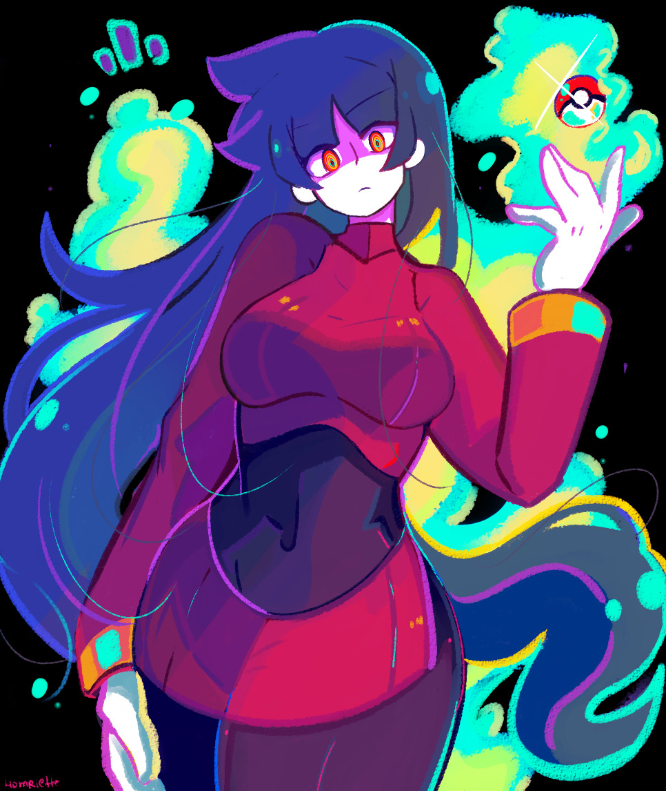 1girl, black_background, blue_hair, breasts, covered_navel, cowboy_shot, dark_blue_hair, gloves, homriette, long_hair, looking_at_viewer, medium_breasts, nintendo, poke_ball, poke_ball_(basic), pokemon, pokemon_firered_and_leafgreen, sabrina_(pokemon), signature, sparkle, straight-on, telekinesis, white_gloves