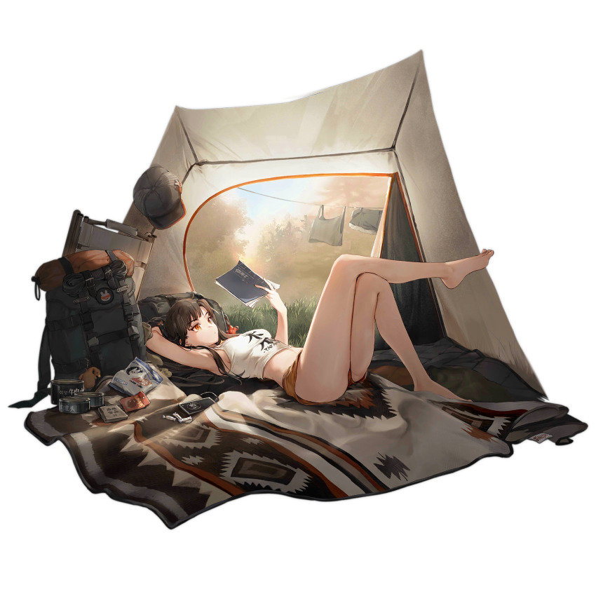 1girl, arm_behind_head, armpits, backpack, bag, bag_of_chips, bare_legs, barefoot, baseball_cap, black_camisole, black_hair, black_shorts, blanket, book, breasts, camisole, can, candy, canned_food, cellphone, chair, closed_mouth, clothes_writing, clothesline, crossed_legs, faux_figurine, feet, folding_chair, food, full_body, girls'_frontline, grass, hat, highres, holding, holding_book, imoko_(imonatsuki), long_hair, lying, medium_breasts, official_alternate_costume, official_art, on_back, orange_eyes, orange_shorts, phone, product_placement, qbz-191_(girls'_frontline), qbz-191_(haze_in_the_mountains)_(girls'_frontline), reading, short_shorts, shorts, sideboob, simple_background, sleeping_bag, smartphone, solo, tank_top, tent, tent_interior, third-party_source, toes, transparent_background, very_long_hair, white_rabbit_candy, white_tank_top