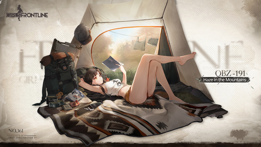 1girl, arm_behind_head, armpits, backpack, bag, bag_of_chips, bare_legs, barefoot, baseball_cap, black_camisole, black_hair, black_shorts, blanket, book, breasts, camisole, can, candy, canned_food, cellphone, chair, closed_mouth, clothes_writing, clothesline, commentary, crossed_legs, english_commentary, english_text, faux_figurine, feet, folding_chair, food, full_body, girls'_frontline, grass, hat, highres, holding, holding_book, imoko_(imonatsuki), long_hair, lying, medium_breasts, official_alternate_costume, official_art, on_back, orange_eyes, orange_shorts, phone, product_placement, qbz-191_(girls'_frontline), qbz-191_(haze_in_the_mountains)_(girls'_frontline), reading, second-party_source, short_shorts, shorts, sideboob, simple_background, sleeping_bag, smartphone, solo, tank_top, tent, tent_interior, toes, very_long_hair, white_background, white_rabbit_candy, white_tank_top