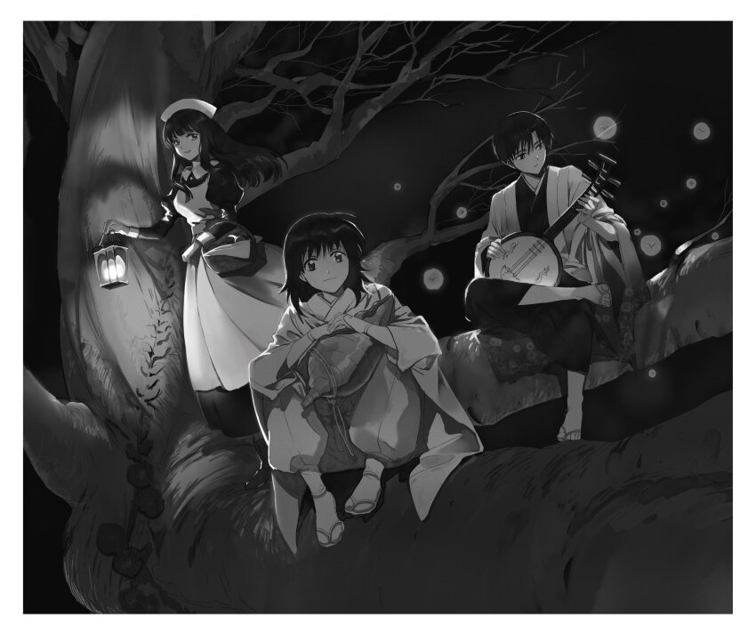 1girl, 2boys, ankle_boots, bare_tree, basket, boots, border, dress, dutch_angle, fireflies, floating_hair, floral_print, haori, hat, highres, holding, holding_lantern, in_tree, instrument, japanese_clothes, juliet_sleeves, kimono, knees_up, lantern, long_hair, long_sleeves, looking_at_viewer, looking_to_the_side, mao_(takahashi_rumiko), mitazono_mei, moon_lute, multiple_boys, music, nature, night, nurse_cap, pants, plant, playing_instrument, puffy_pants, puffy_sleeves, renji_(mao), roku_(tsua-kihuyu), sandals, sasuga_(mao), sidelocks, sitting, sky, smile, standing, tabi, tree, vines, zouri