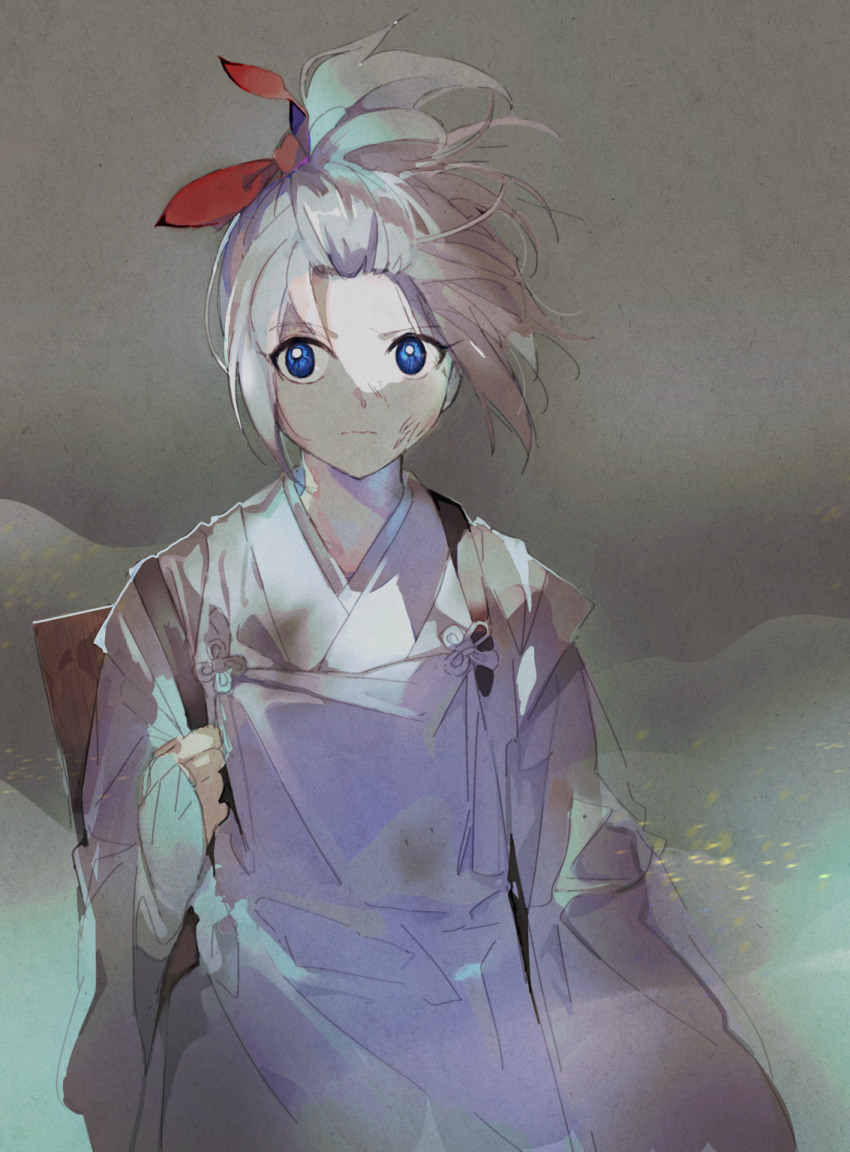 1girl, arm_at_side, backpack, bag, blue_eyes, box, bridal_gauntlets, bruise