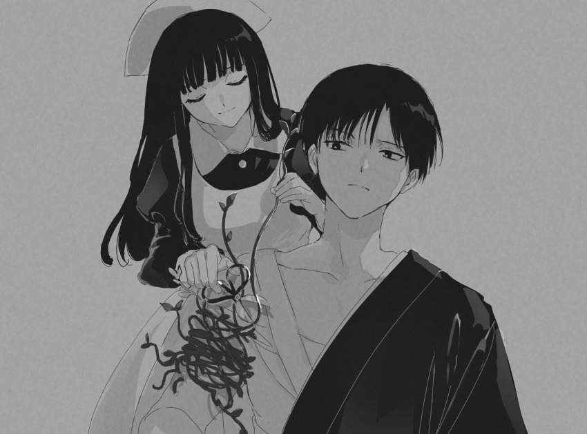 1boy, 1girl, apron, blunt_bangs, closed_eyes, cutting, dress, facing_viewer, frown, greyscale, hands_up, hat, holding, holding_scissors, japanese_clothes, juliet_sleeves, kimono, long_hair, long_sleeves, mao_(takahashi_rumiko), mitazono_mei, monochrome, nurse, nurse_cap, overgrown, plant, puffy_sleeves, renji_(mao), roku_(tsua-kihuyu), scissors, sideways_glance, simple_background, smile, vines