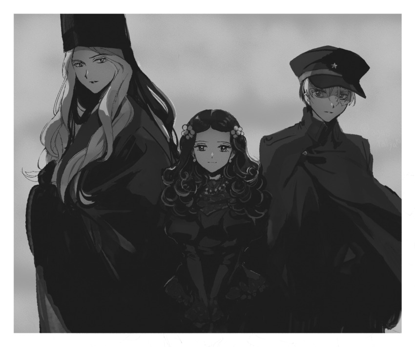 1girl, 2boys, border, cloak, curly_hair, flower, greyscale, hair_flower, hair_ornament, hakubi_(mao), hat, height_difference, highres, japanese_clothes, juliet_sleeves, kariginu, long_hair, long_sleeves, looking_at_viewer, mao_(takahashi_rumiko), monochrome, multicolored_hair, multiple_boys, parted_hair, puffy_sleeves, robe, roku_(tsua-kihuyu), scar, scar_across_eye, scar_on_face, shiranui_(mao), simple_background, smile, tate_eboshi, two-tone_hair, v_arms, wide_sleeves, yurako_(mao)