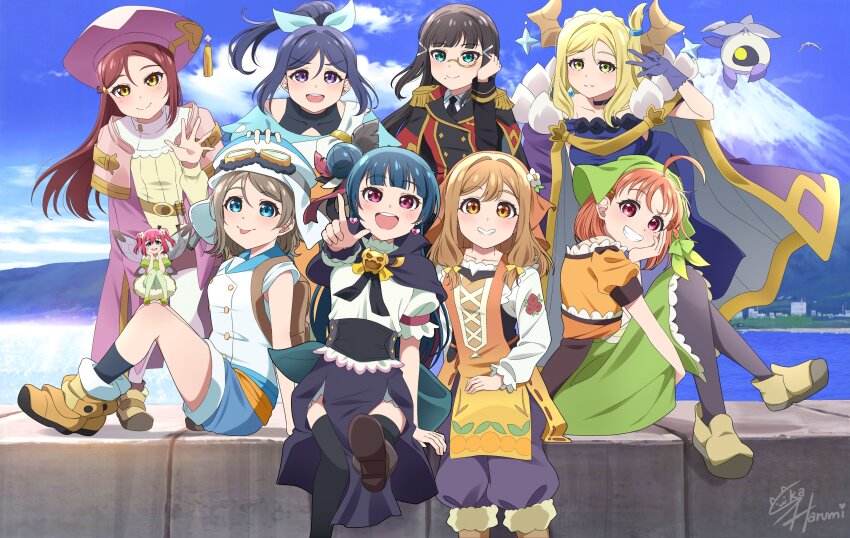 6+girls, absurdres, black_capelet, black_hair, black_thighhighs, blonde_hair, blue_eyes, blue_hair