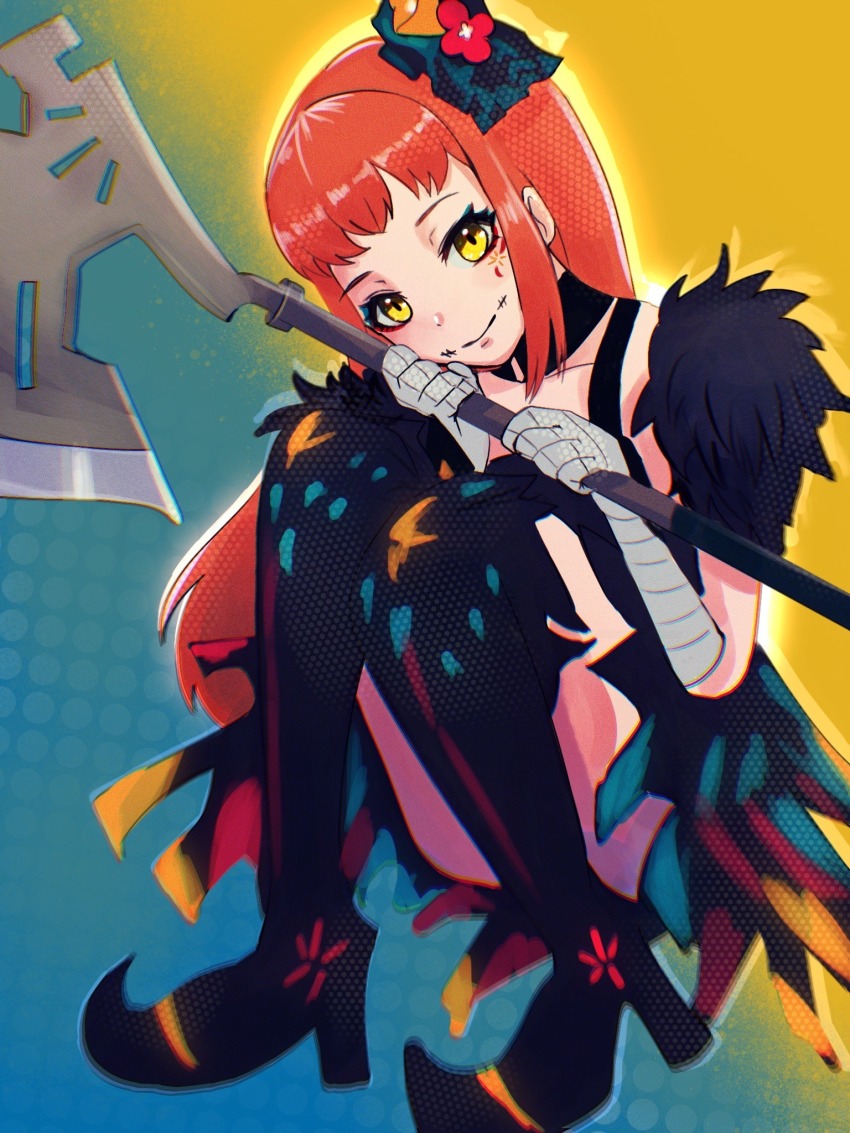 1girl, aqua_eyeshadow, axe, bandaged_arm, bandaged_hand, bandages, black_boots, black_dress