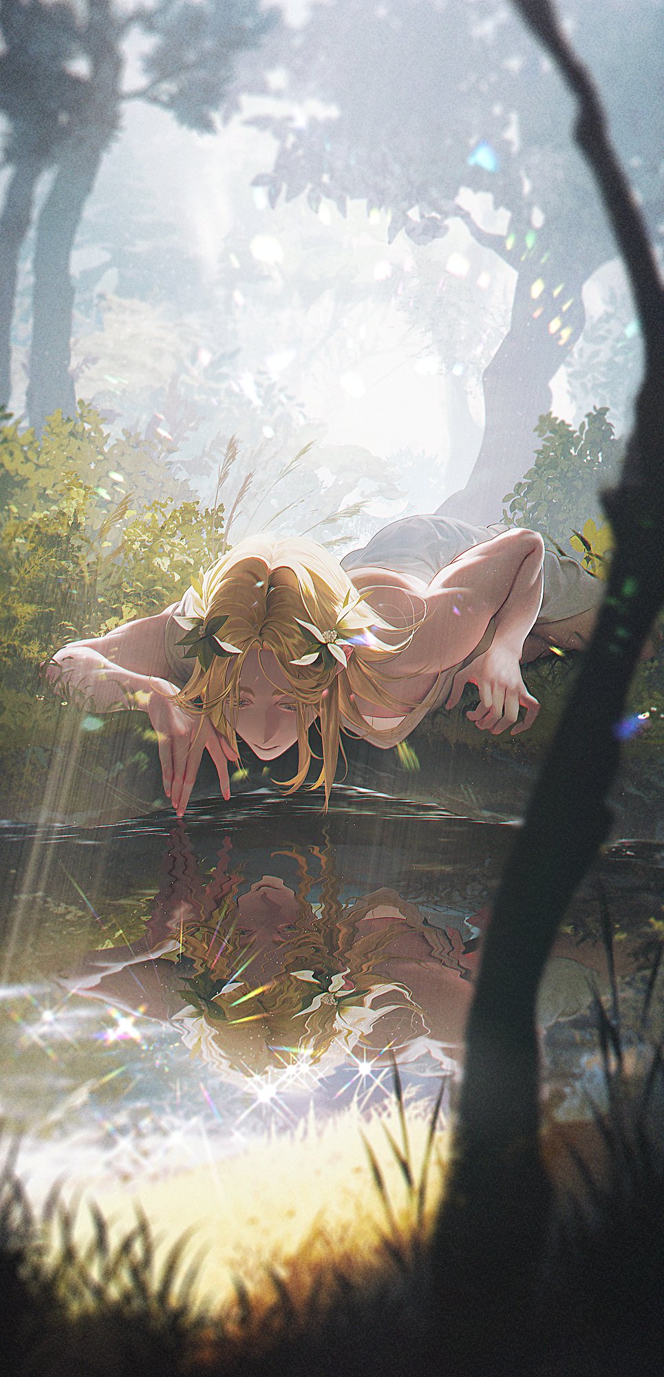 1boy, ancient_greek_clothes, androgynous, bare_arms, bare_shoulders, blonde_hair, blurry, commentary, day, depth_of_field, duckchuni, fingernails, forest, grass, greco-roman_clothes, greek_mythology, hair_ornament, highres, leaf_hair_ornament, long_hair, looking_down, lying, male_focus, narcissism, narcissus, nature, on_ground, on_stomach, parted_hair, pond, reflection, sleeveless, sparkle, straight_hair, toned, toned_male, tree, water
