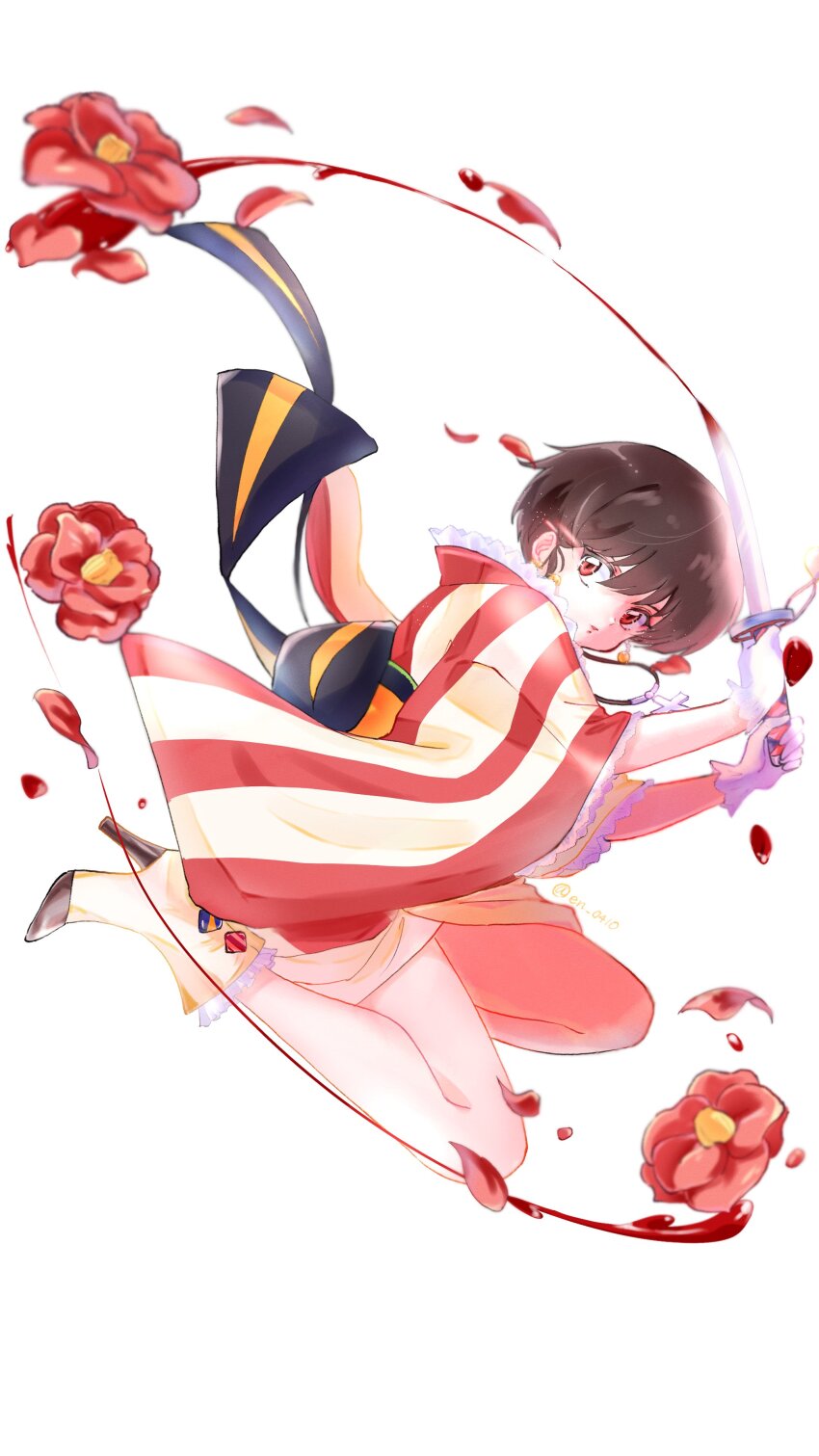 1girl, absurdres, ankle_boots, blood, bloody_weapon, boots, brown_hair, cross