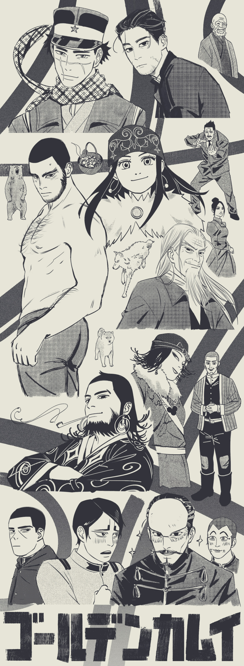 3girls, 6+boys, absurdres, ainu, ainu_clothes, asirpa, ass, bald