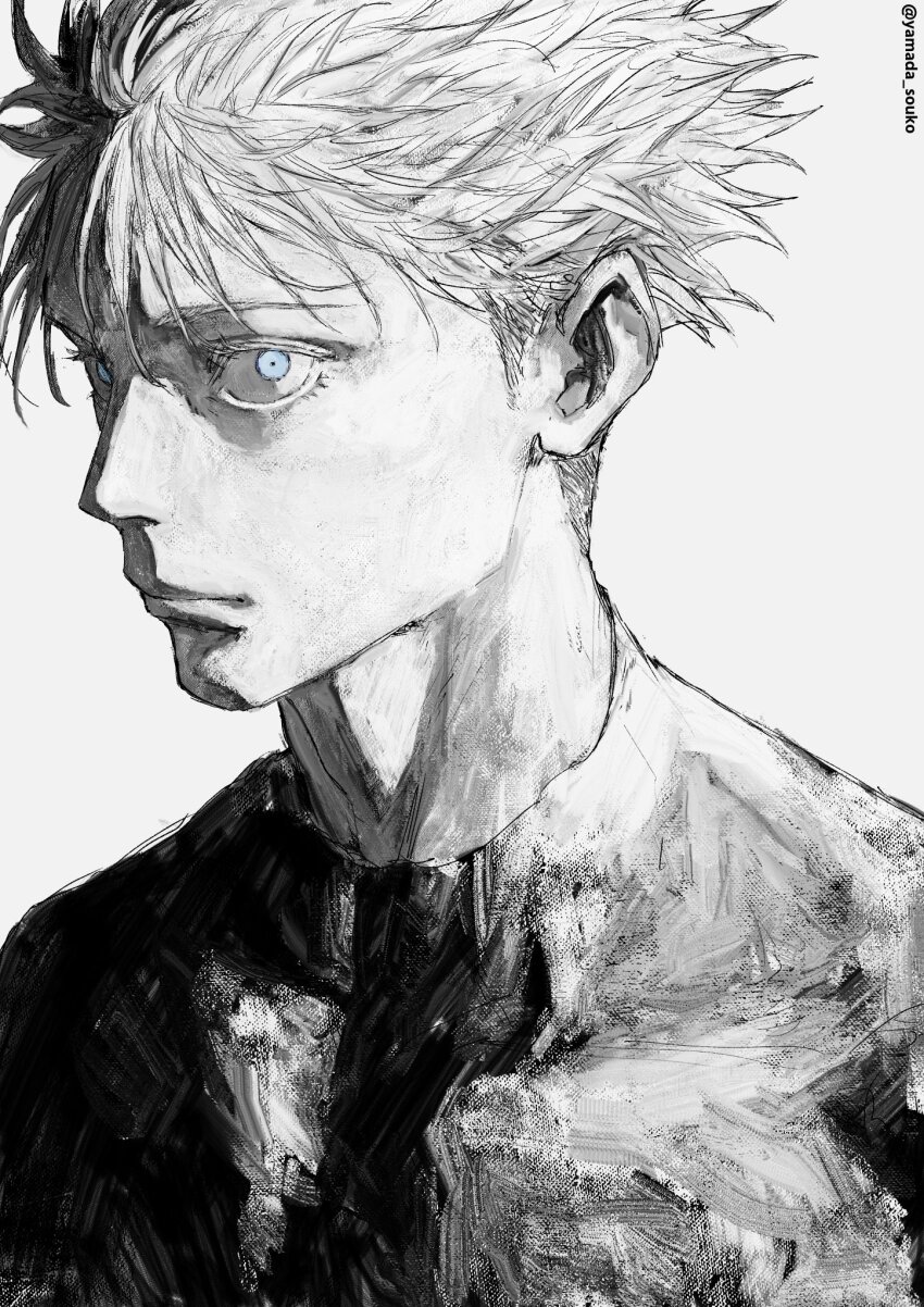 1boy, blue_eyes, closed_mouth, gojo_satoru, greyscale, highres, jujutsu_kaisen, kuwoniagyu11112