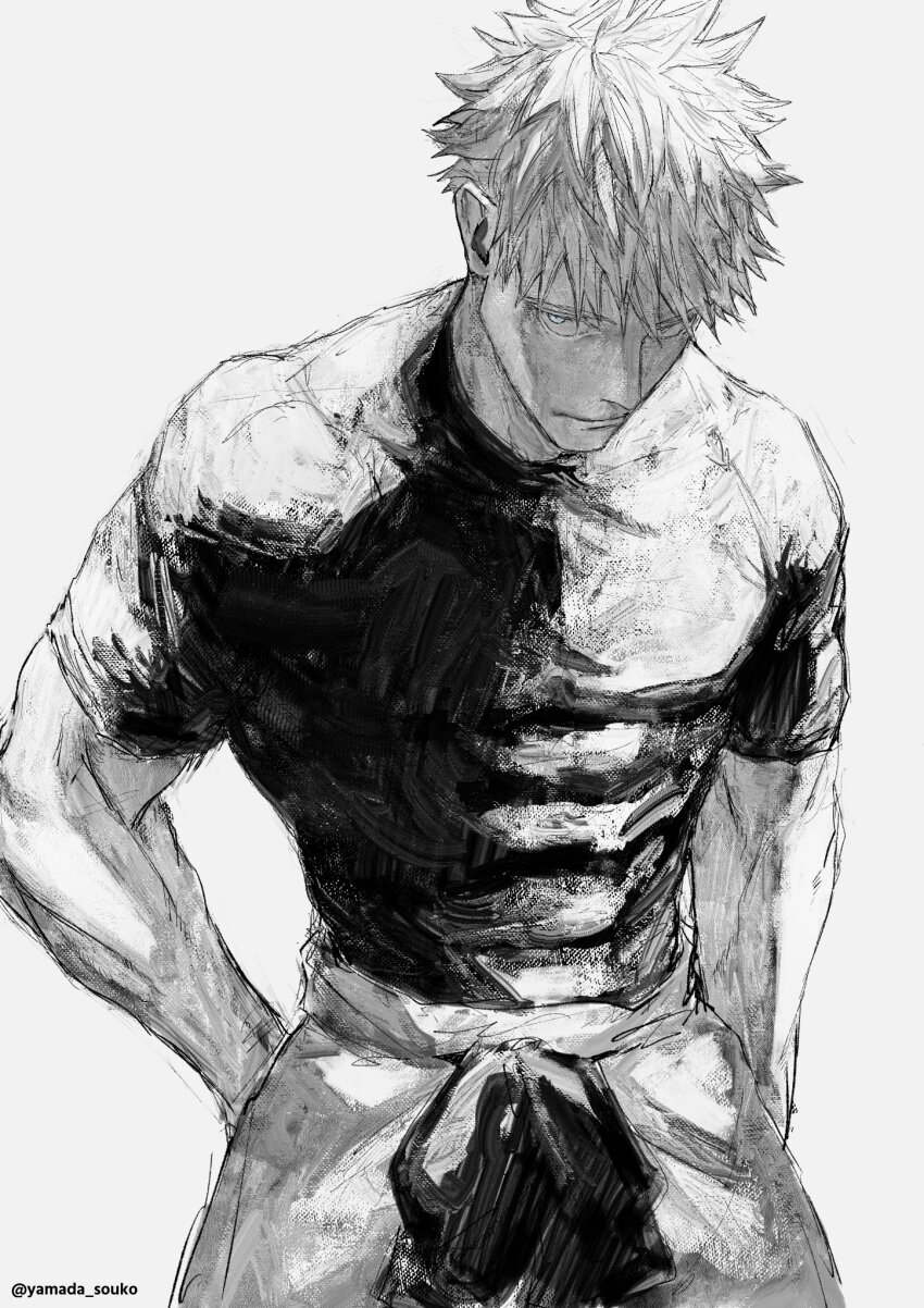 belt, blue_eyes, closed_mouth, cowboy_shot, gojo_satoru, greyscale, highres, jujutsu_kaisen