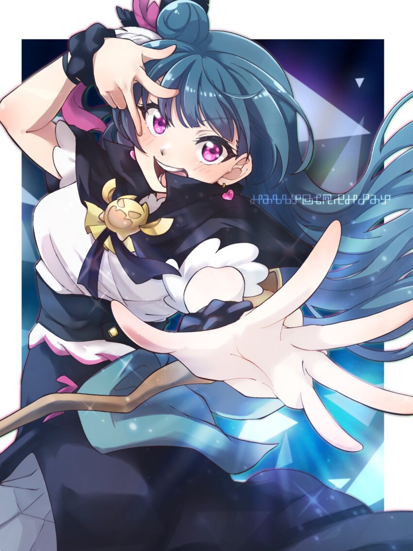 1girl, akira_hjk, black_capelet, blue_hair, blush, capelet, earrings, feather_hair_ornament