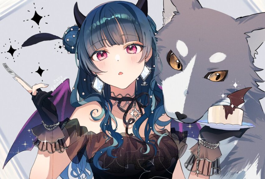 1girl, black_dress, blue_hair, blush, cake, demon_horns, demon_wings, dog