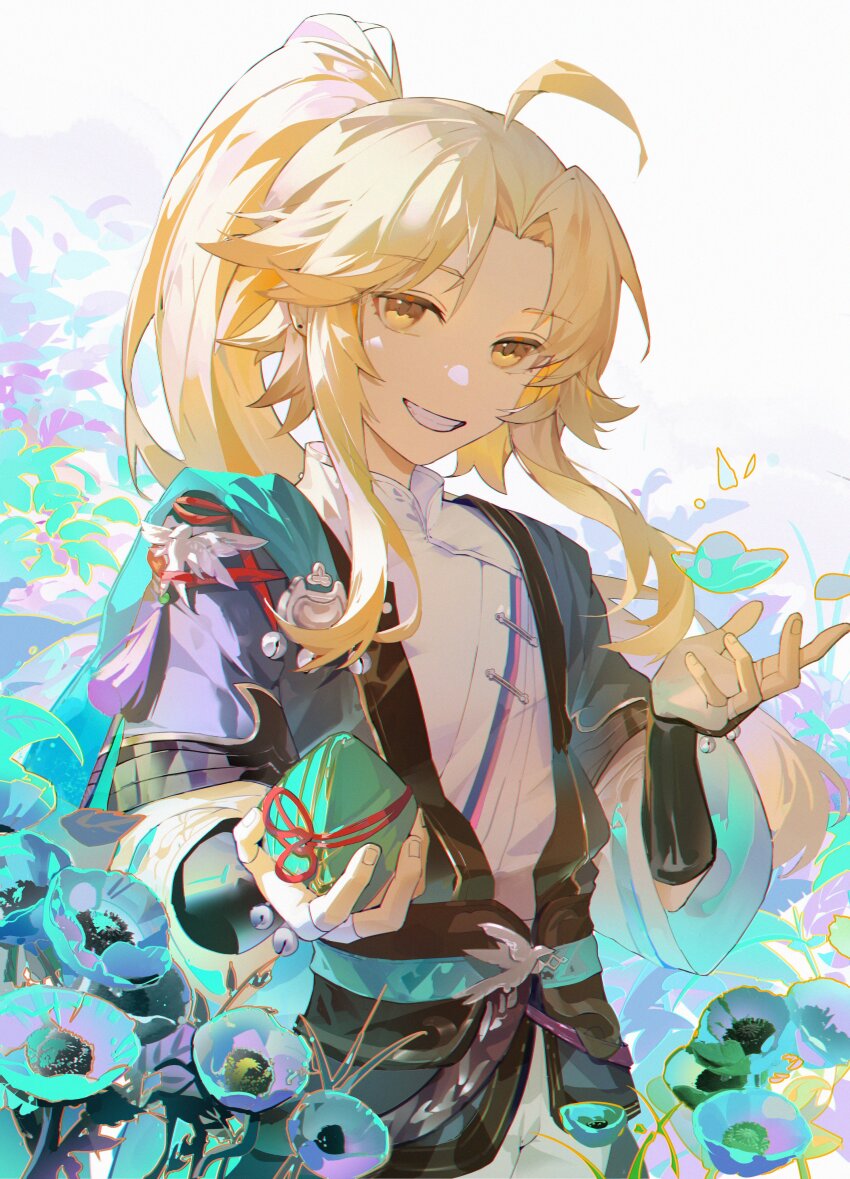 1boy, absurdres, bell, belt, blonde_hair, blue_belt, blue_flower, chinese_clothes