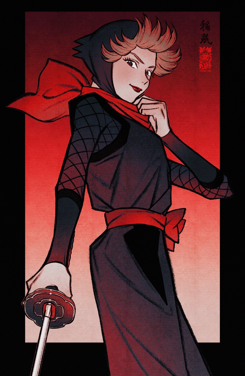 1girl, absurdres, arm_at_side, arm_guards, black_headwear, black_pants, bodystocking, brown_hair